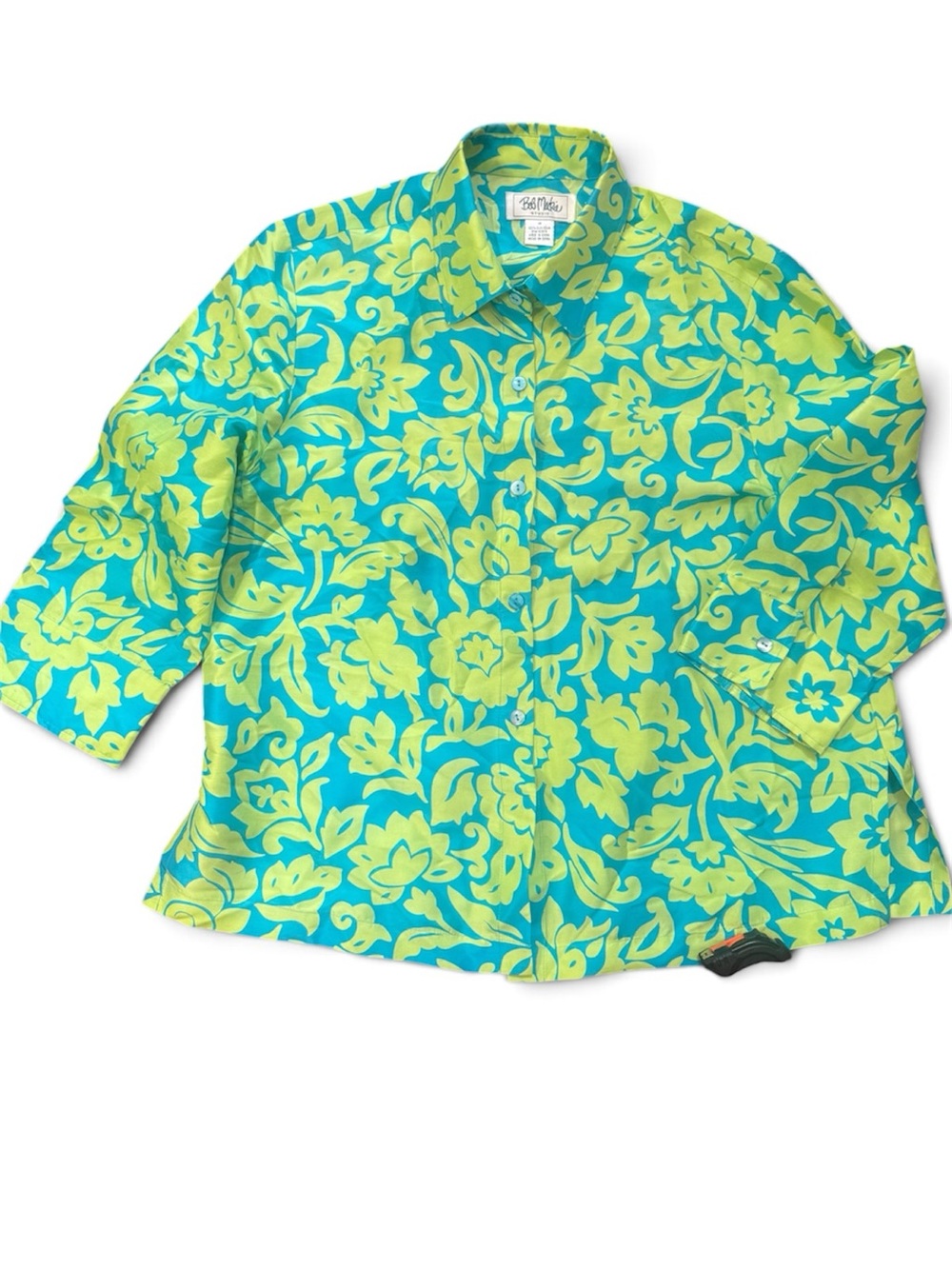 Bob Mackie Wearable Art | Size 14 Lime & Teal 100% Silk Shirt